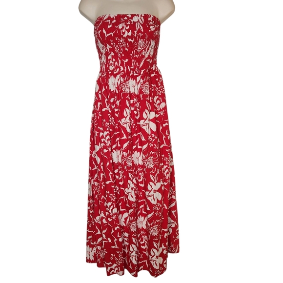 Old Navy Red White Floral Tropical Hawaiian Strapless Smocked Maxi Midi Dress M - Picture 11 of 11
